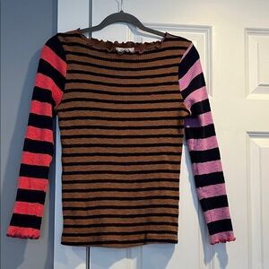 Striped Ribbed Long Sleeve Tee with Colorblock Sleeves - Brown/Black/Pink